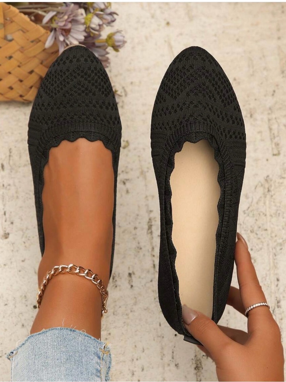 🌸SS8 - Black Knit Ballet Flats - Comfortable Everyday Slip-Ons🖤🛍️